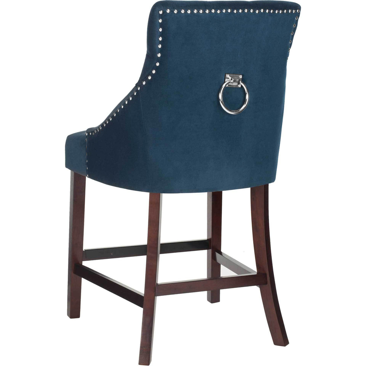 Navy velvet counter stool wraps a curved wingback around a chrome ring accent and espresso wood frame.