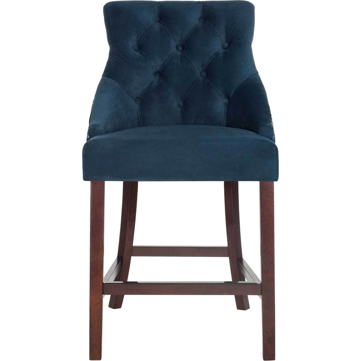 Navy velvet counter stool features deep diamond tufting, a plush seat, and a dark wood footrest. || BST6305A-SET2 || front_studio
