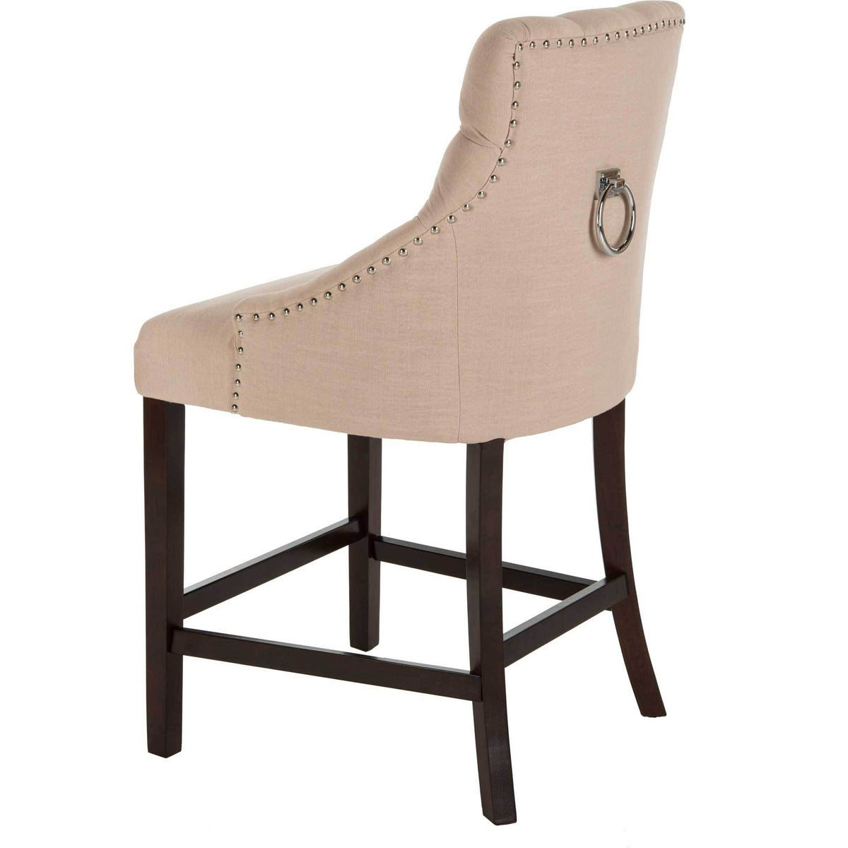 Beige linen counter stool pairs a curved back and polished ring with a dark wood base.