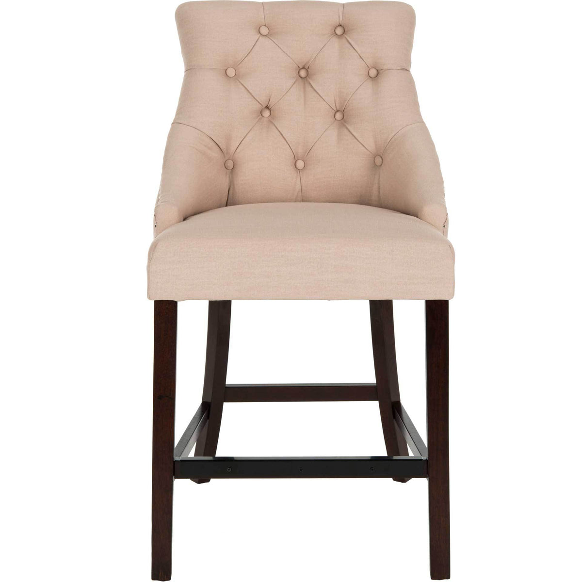 Button-tufted beige linen counter stool features a cushioned seat and espresso wood legs. || BST6305E-SET2 || front_studio
