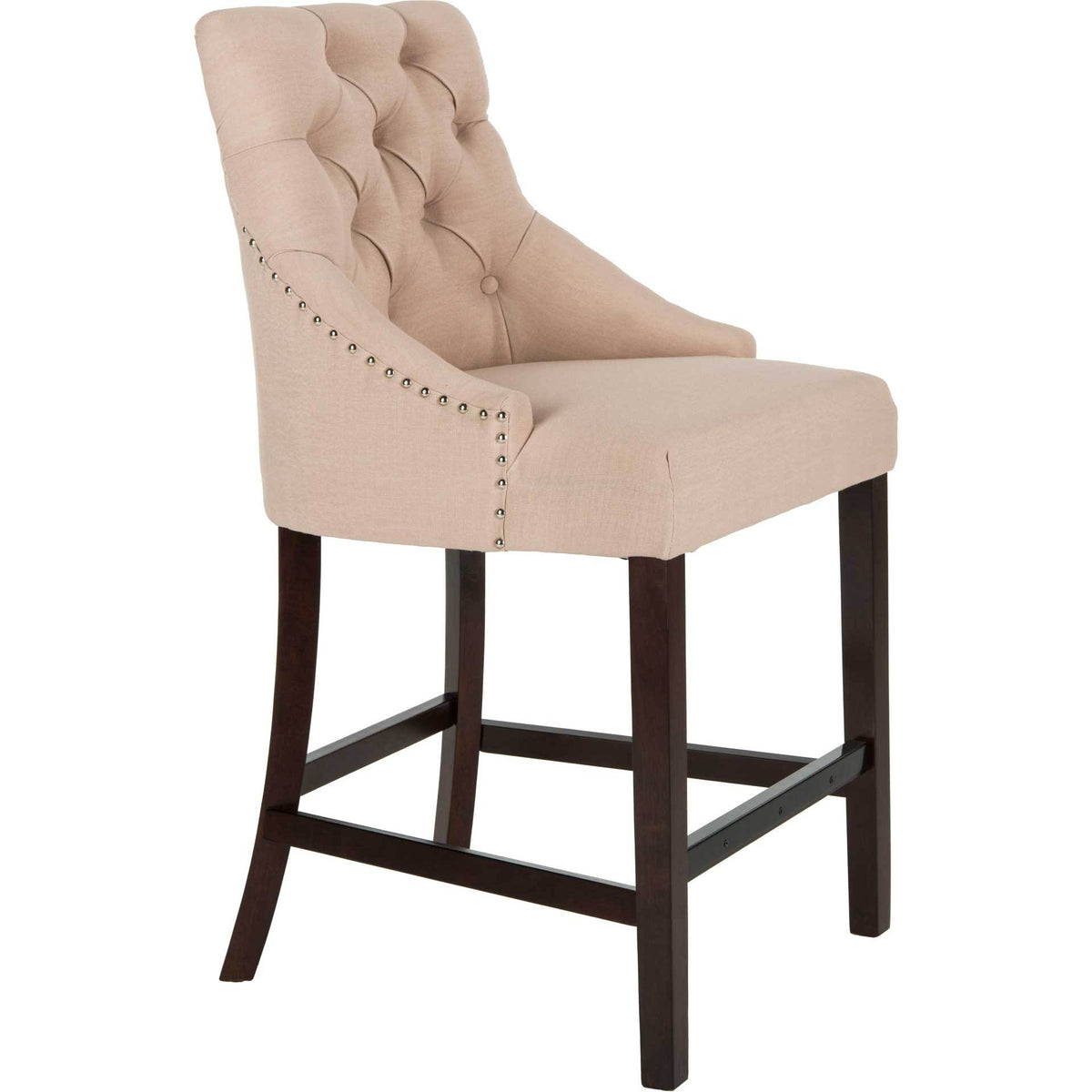 Beige linen counter stool with a tufted wingback, curved arms, and espresso wood footrests.