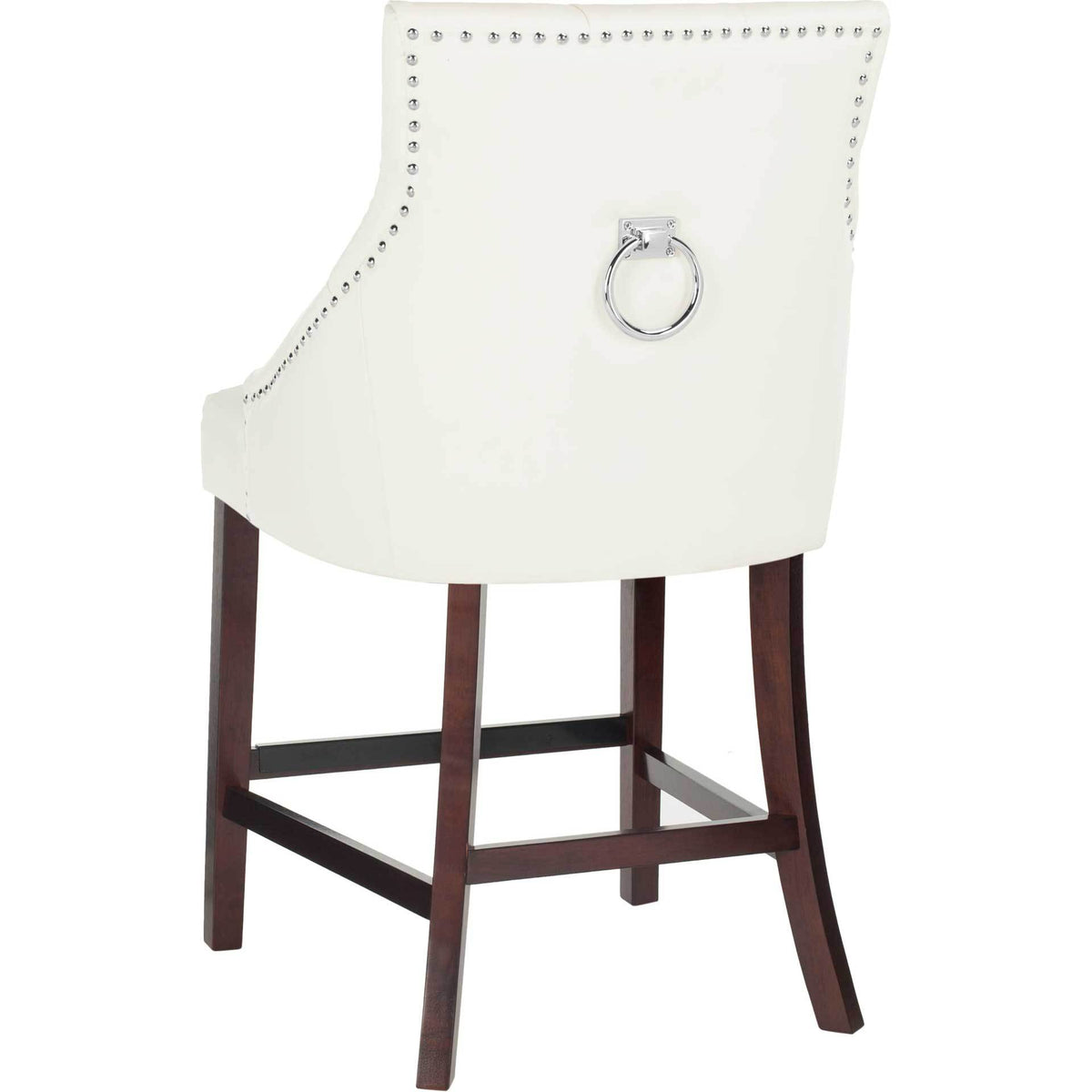 White faux leather counter stool combines a sweeping back, chrome ring, and espresso wood frame.
