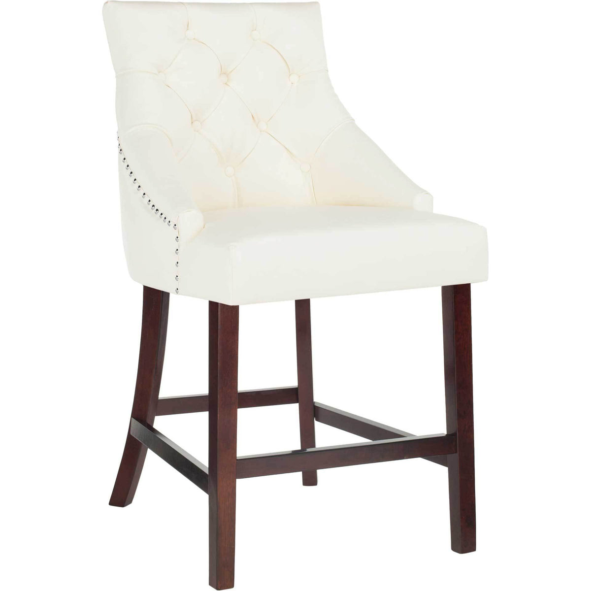 White faux leather counter stool pairs a diamond-tufted wingback with chrome studs and espresso legs.