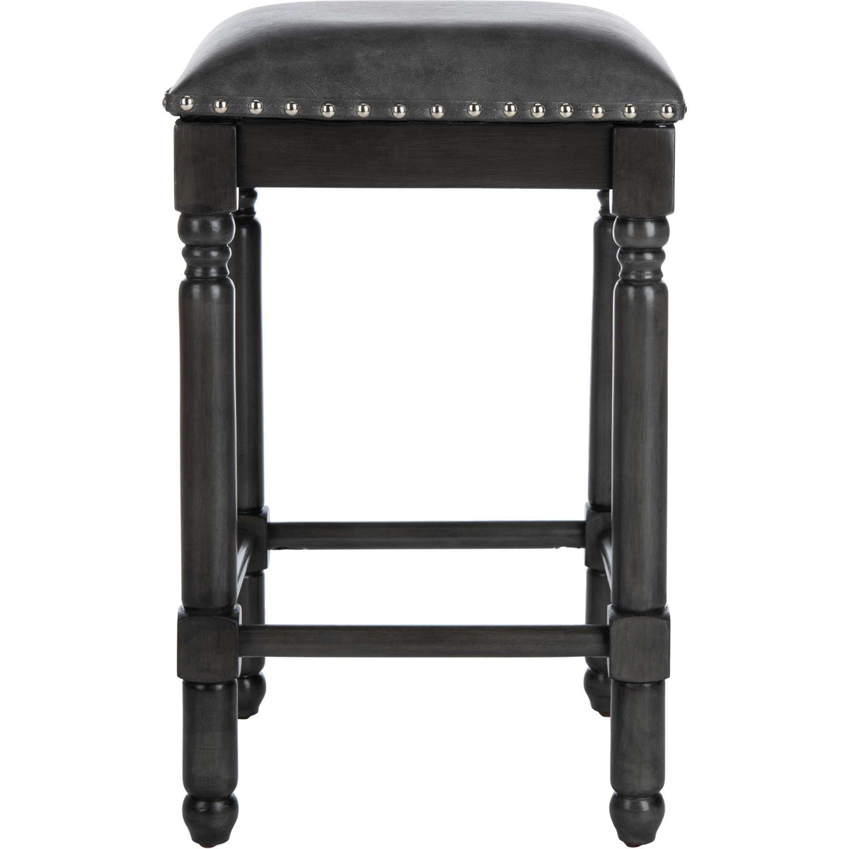Counter-height stool combines a plush gray faux leather seat, silver nailhead trim, and turned wood legs || BST6401A-SET2 || front_studio