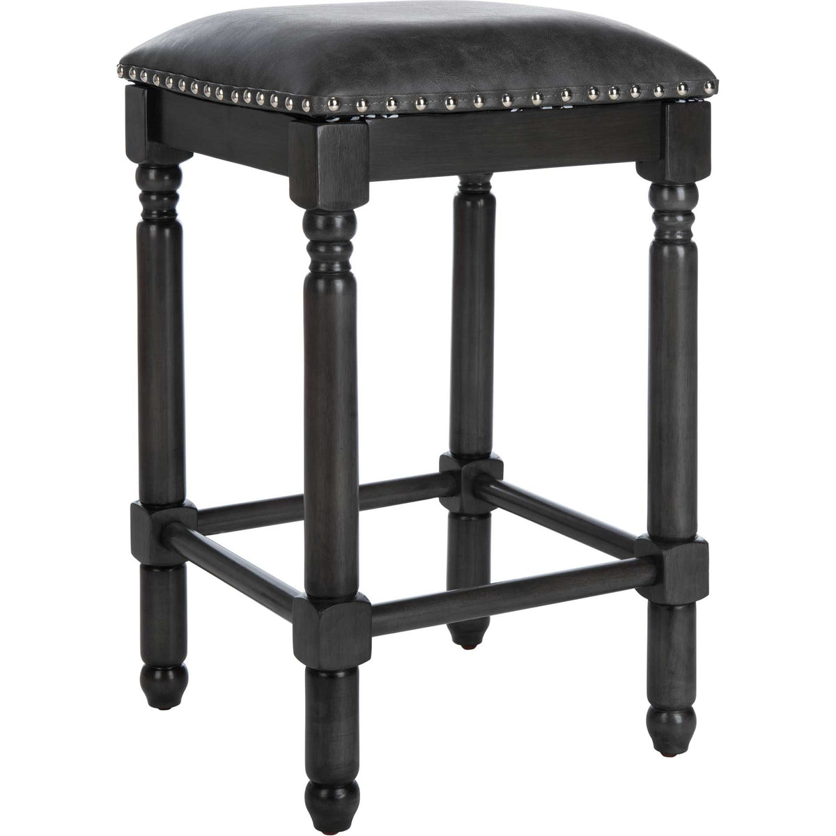 Square gray seat and turned walnut-finished legs bring classic charm to this cushioned counter stool