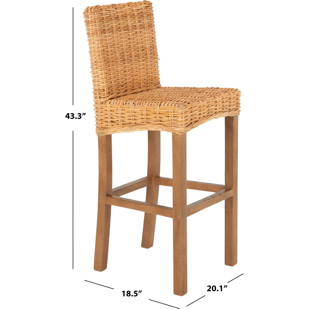 At 43.3 inches high, this wicker bar stool pairs a woven rattan seat with tall wood legs and a footrest
