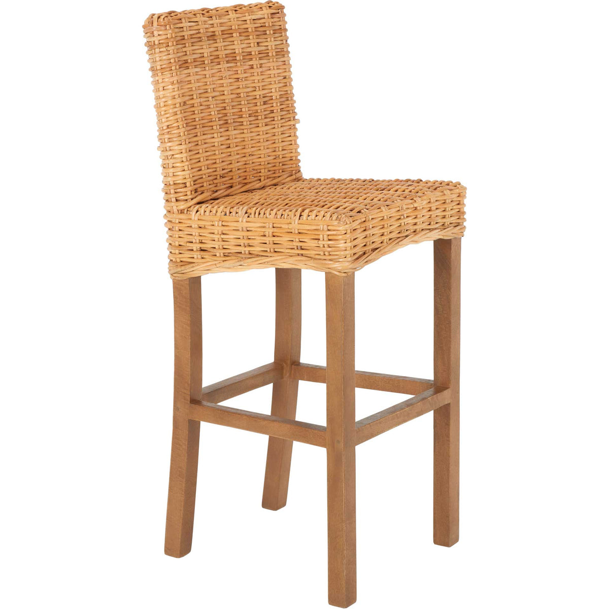 Golden rattan seat and woven back bring casual warmth to a tall wood bar stool || BST6500A || front_angle_studio