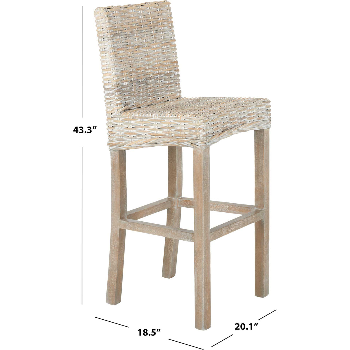 A tall woven stool with a wood footrest offers bar-height seating at 43.3 inches high