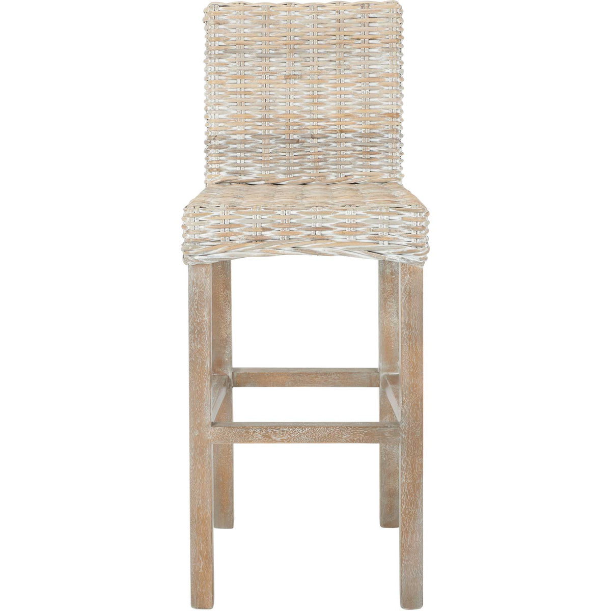 Bar-height stool features a straight woven back, gray-washed rattan seat, and sturdy wood footrest || BST6500B || front_studio