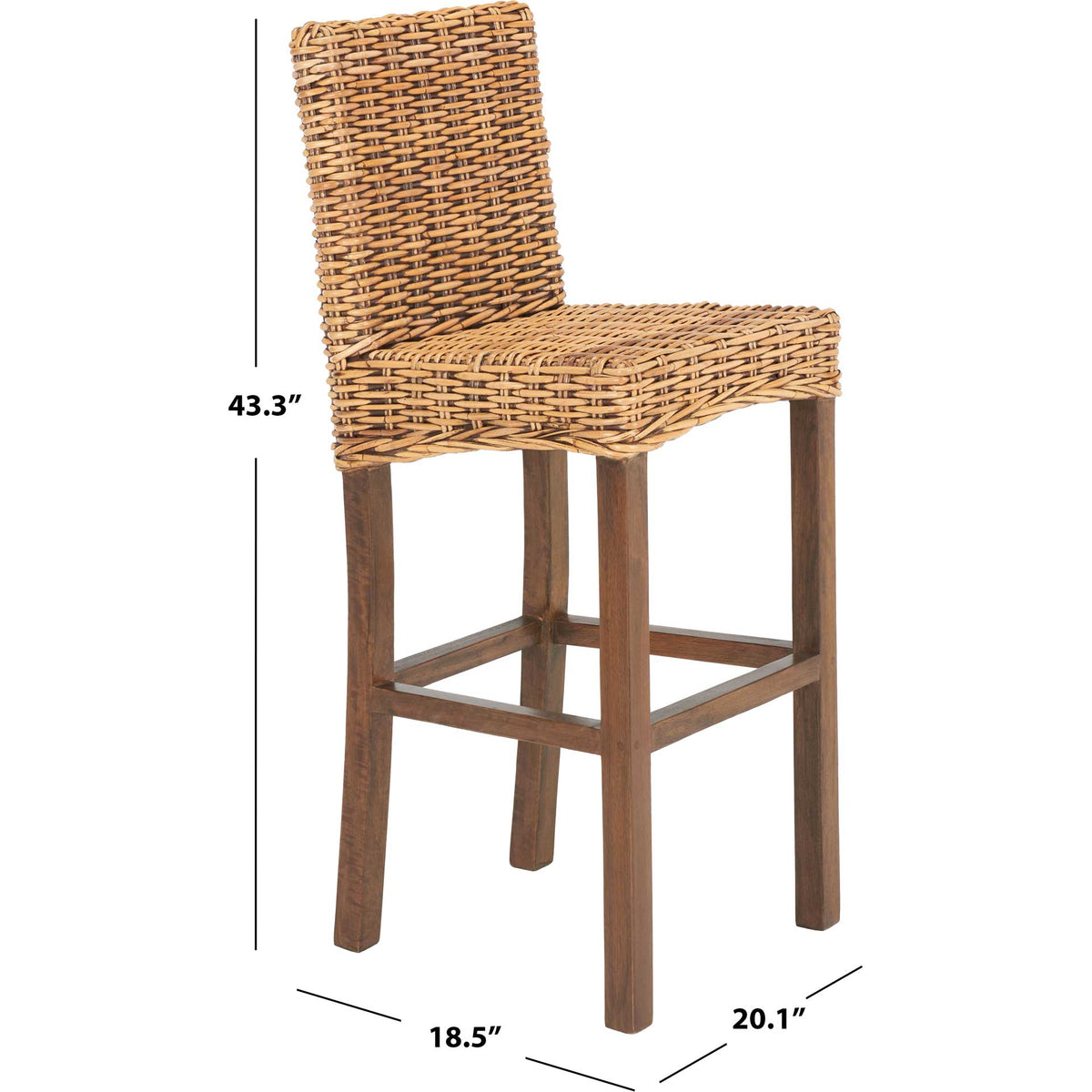 Bar-height woven rattan stool stands 43.3 inches tall with wood legs and a footrest