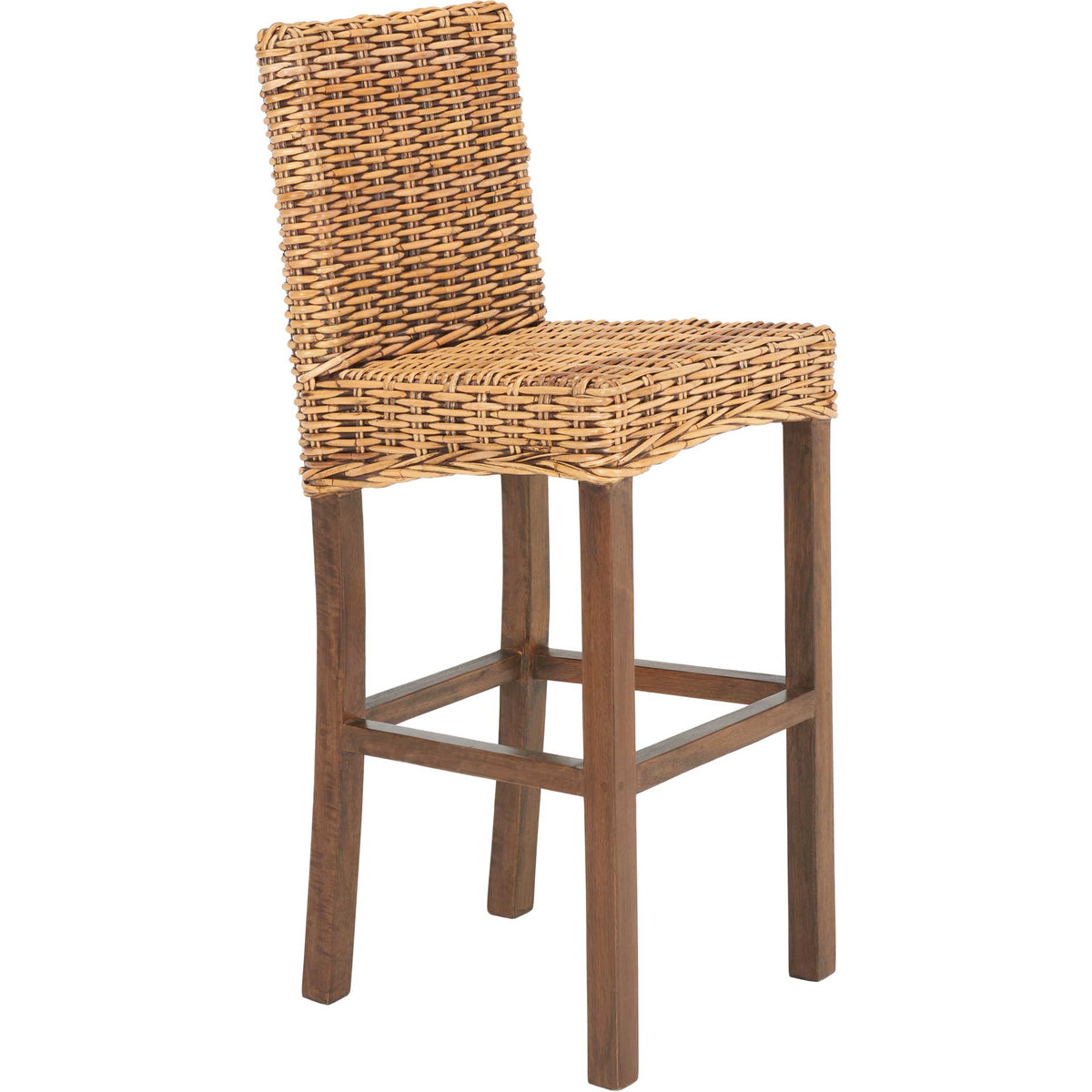 Golden wicker seat and tall woven back contrast with richly stained wood legs || BST6500C || front_angle_studio