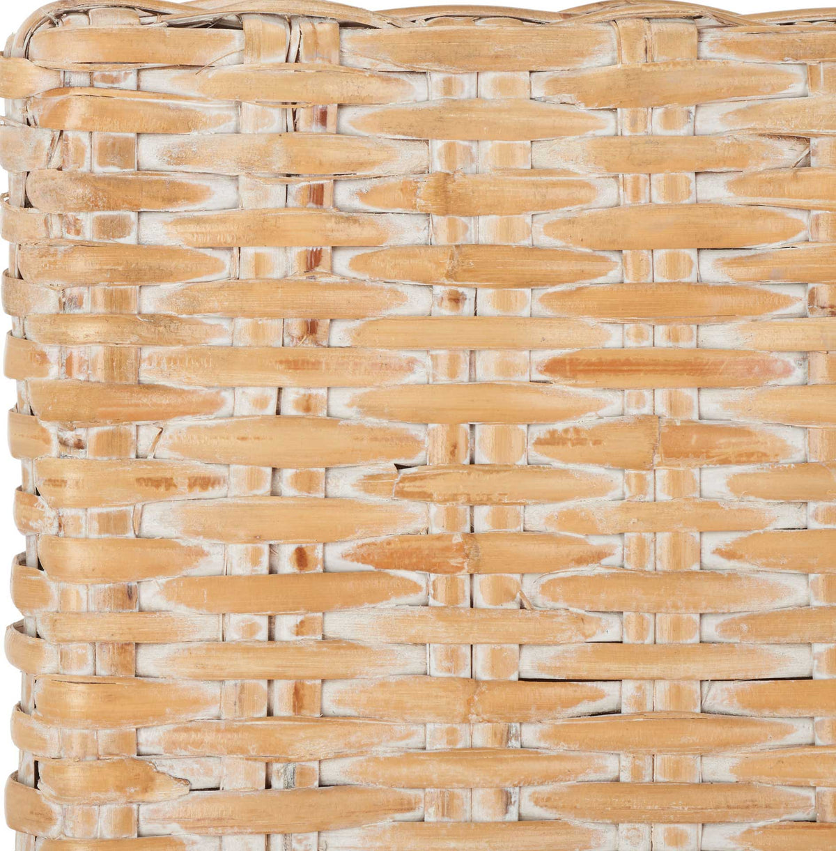 Whitewashed rattan strips reveal their natural grain in a closely textured weave