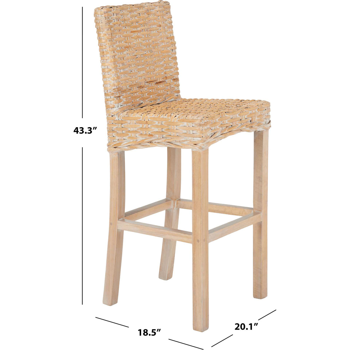 43.3-inch whitewashed rattan bar stool blends a woven seat and tall wood legs with a footrest