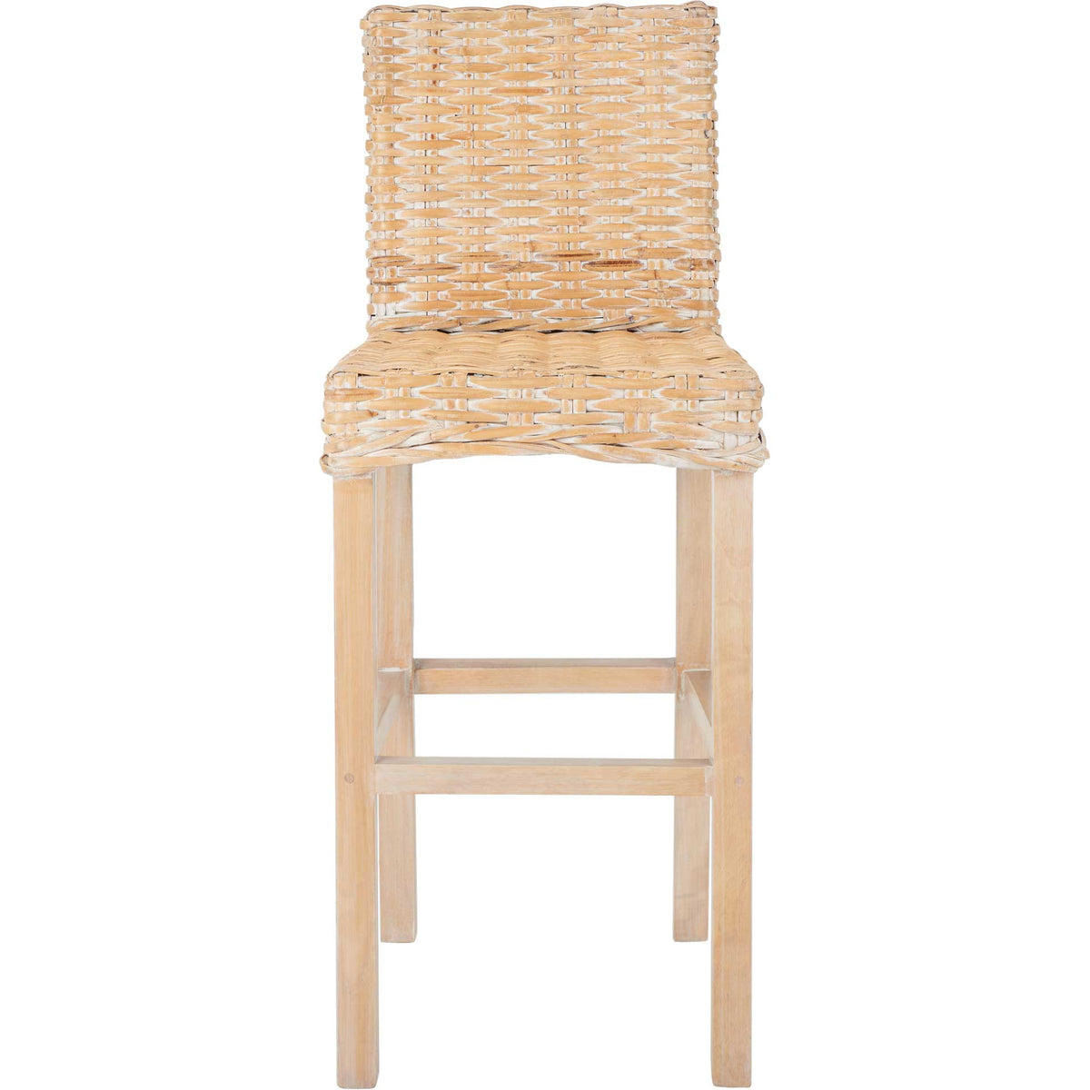 Whitewashed wicker bar stool has a tall woven back, pale wood legs, and a footrest || BST6500D || front_studio