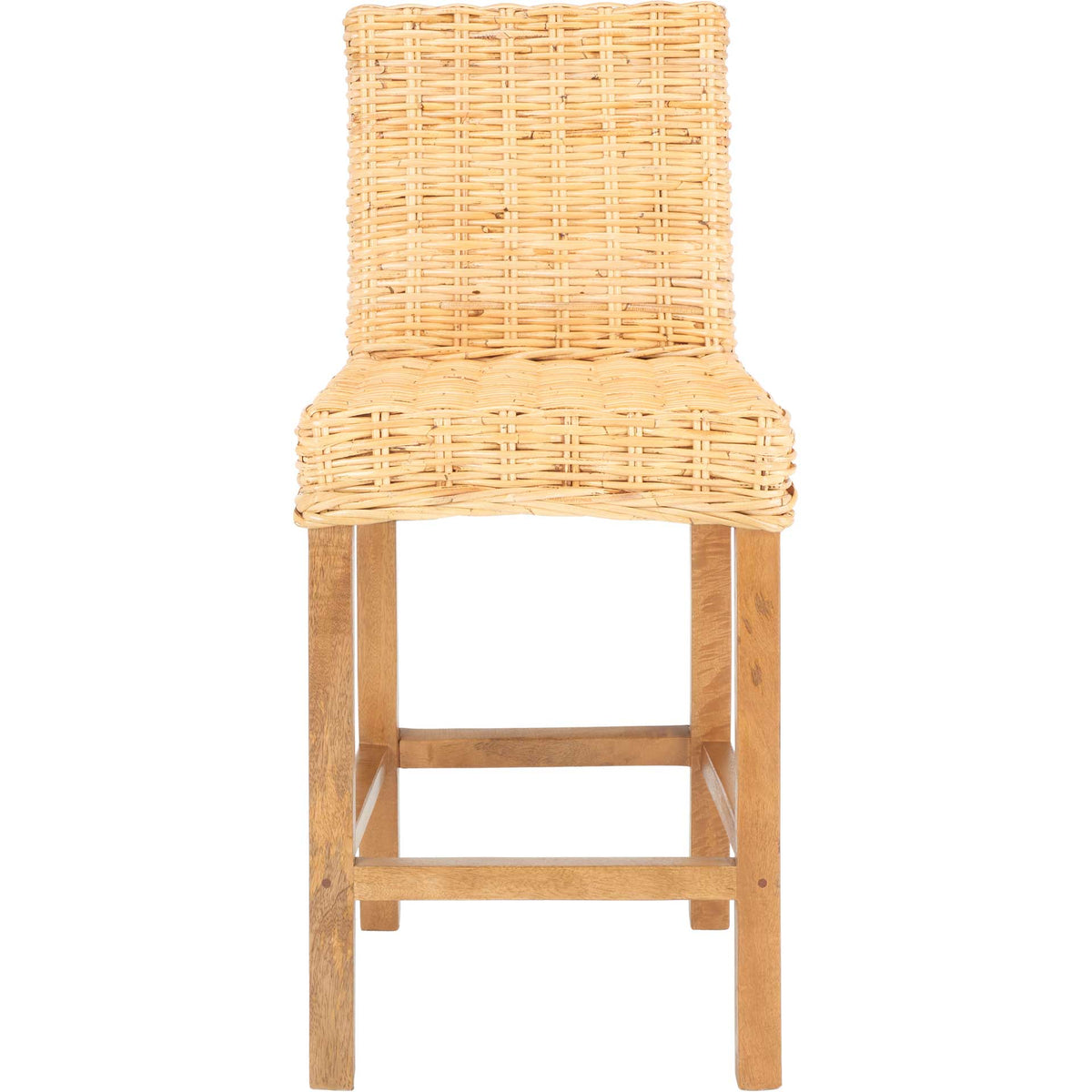 Natural rattan counter stool features a woven back and seat above sturdy golden wood legs || BST6501A || front_studio