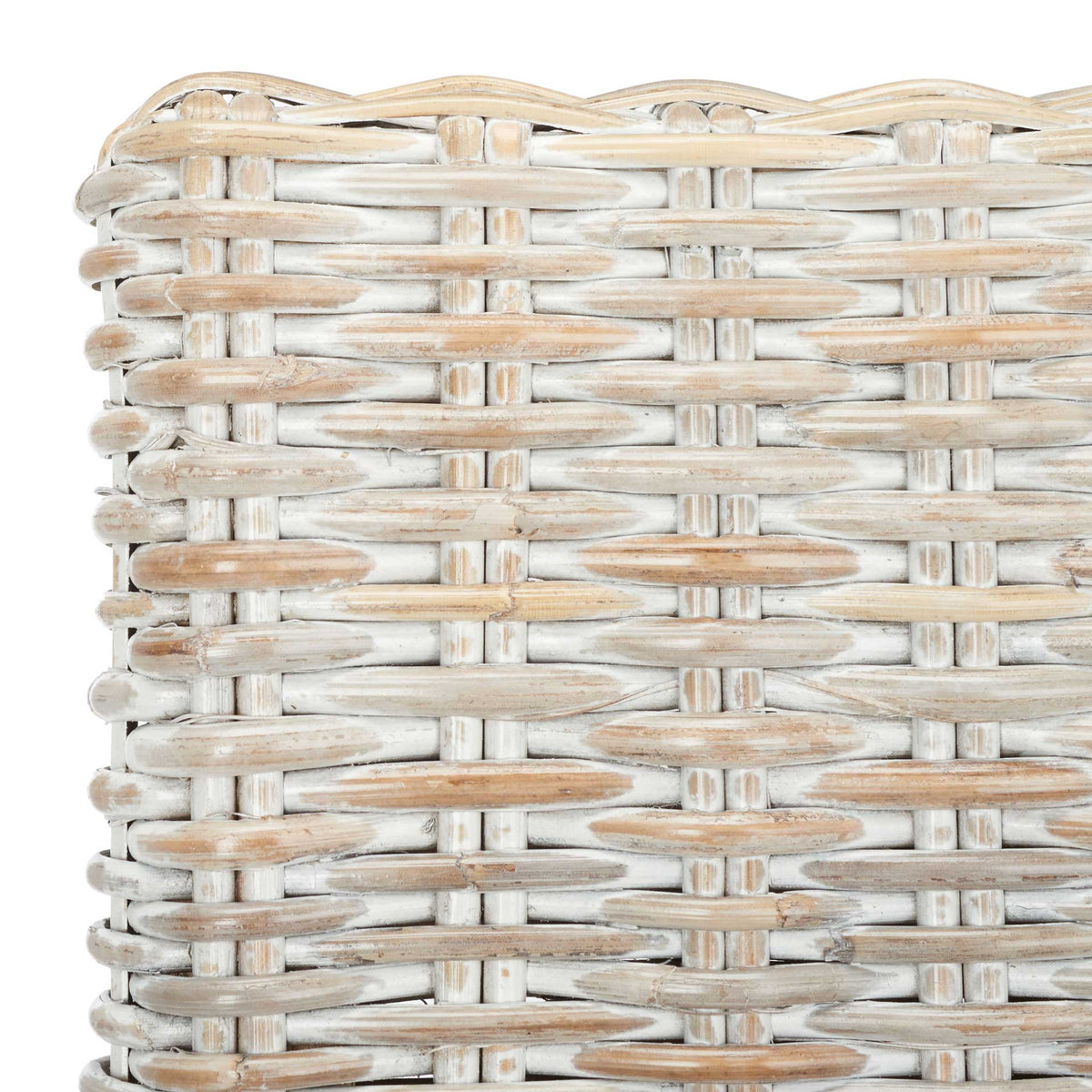 Handwoven rattan strands blend warm natural tones with a weathered whitewash