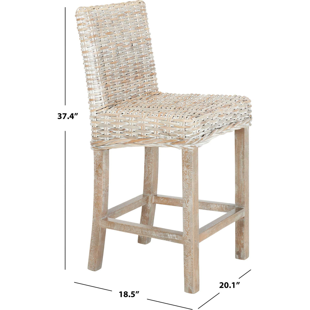 Compact gray-washed rattan stool offers counter-height seating and a built-in wood footrest