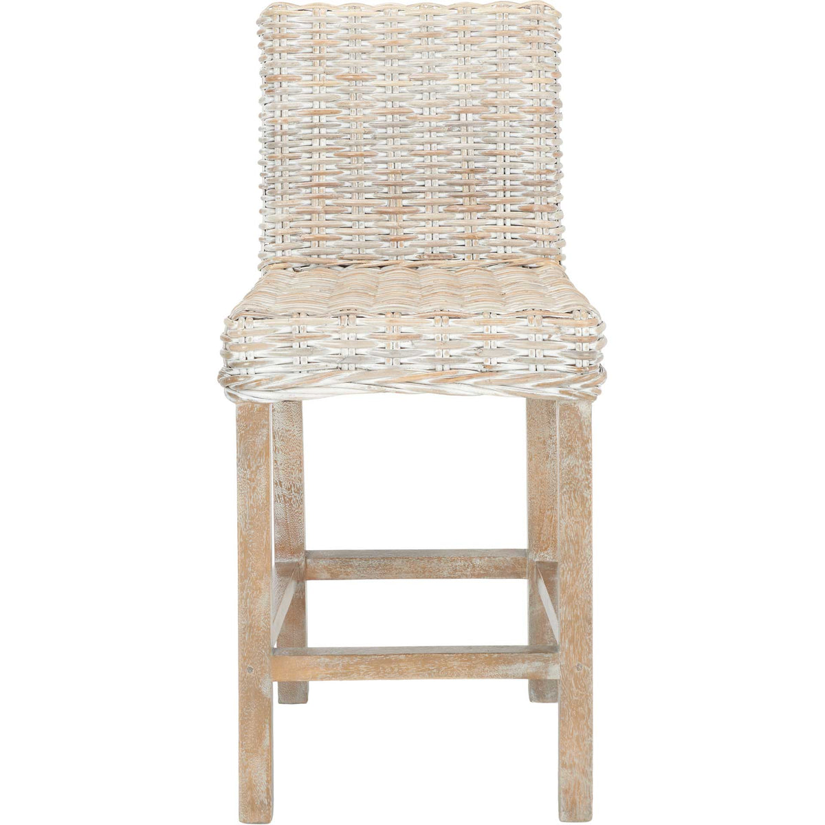 Counter-height stool has a textured wicker seat, straight woven back, and framed wood footrest || BST6501B || front_studio