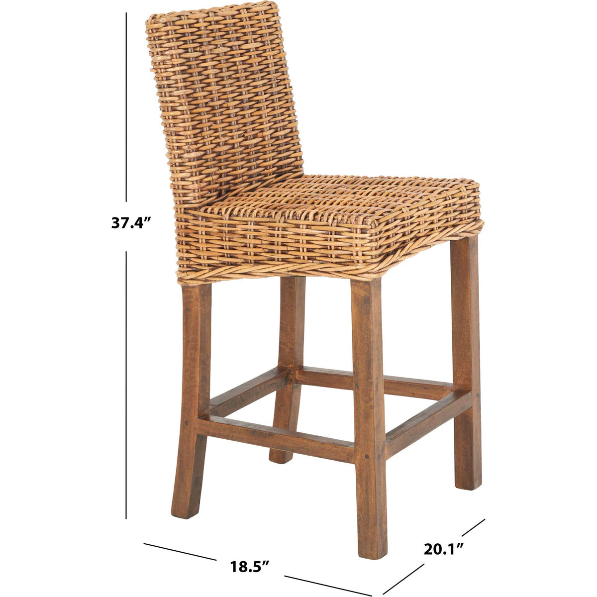 Counter-height rattan stool pairs a woven back with a footrest in a 37.4-inch-tall wood frame