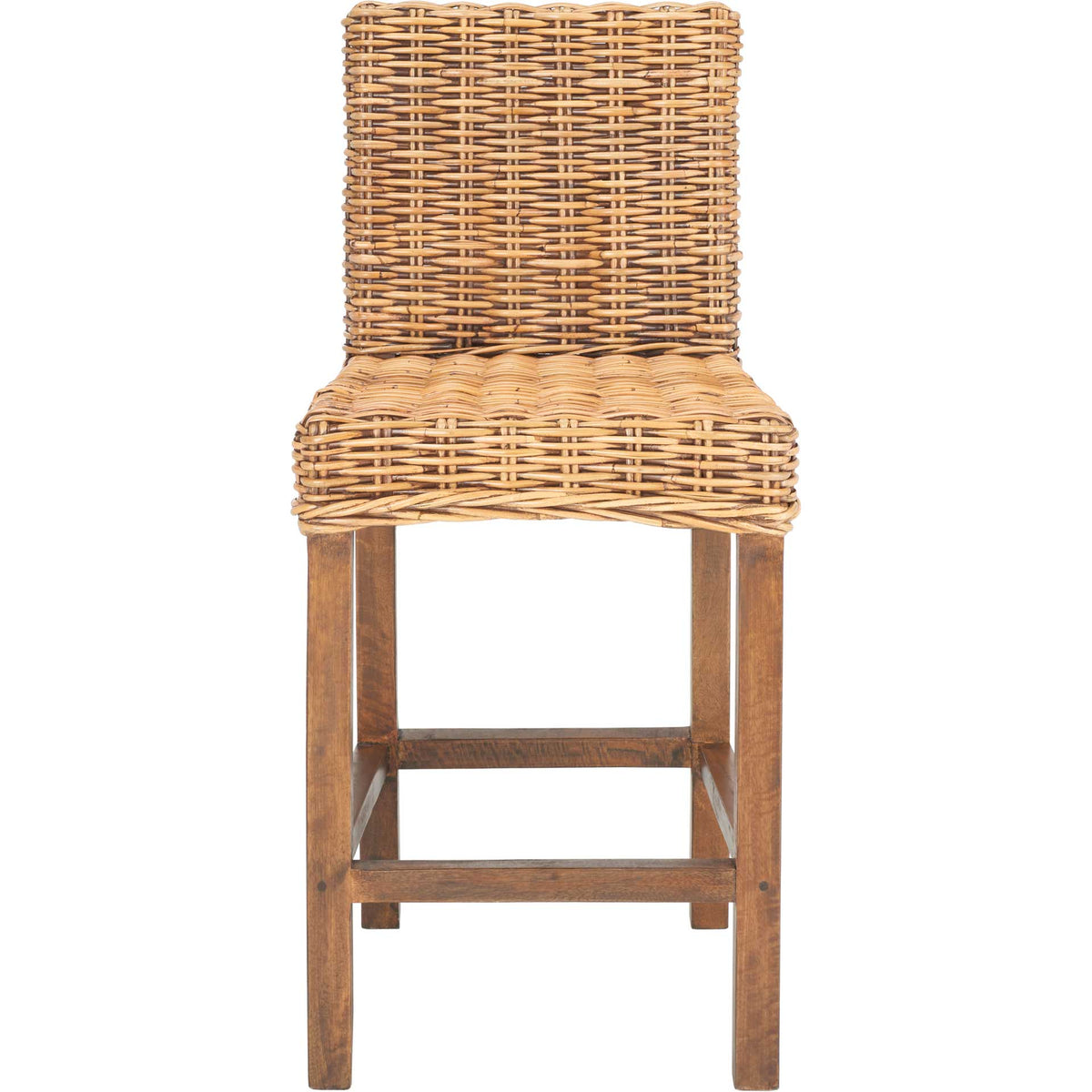 Honey-brown rattan counter stool offers a woven seat, upright back, and solid wood footrest || BST6501C || front_studio