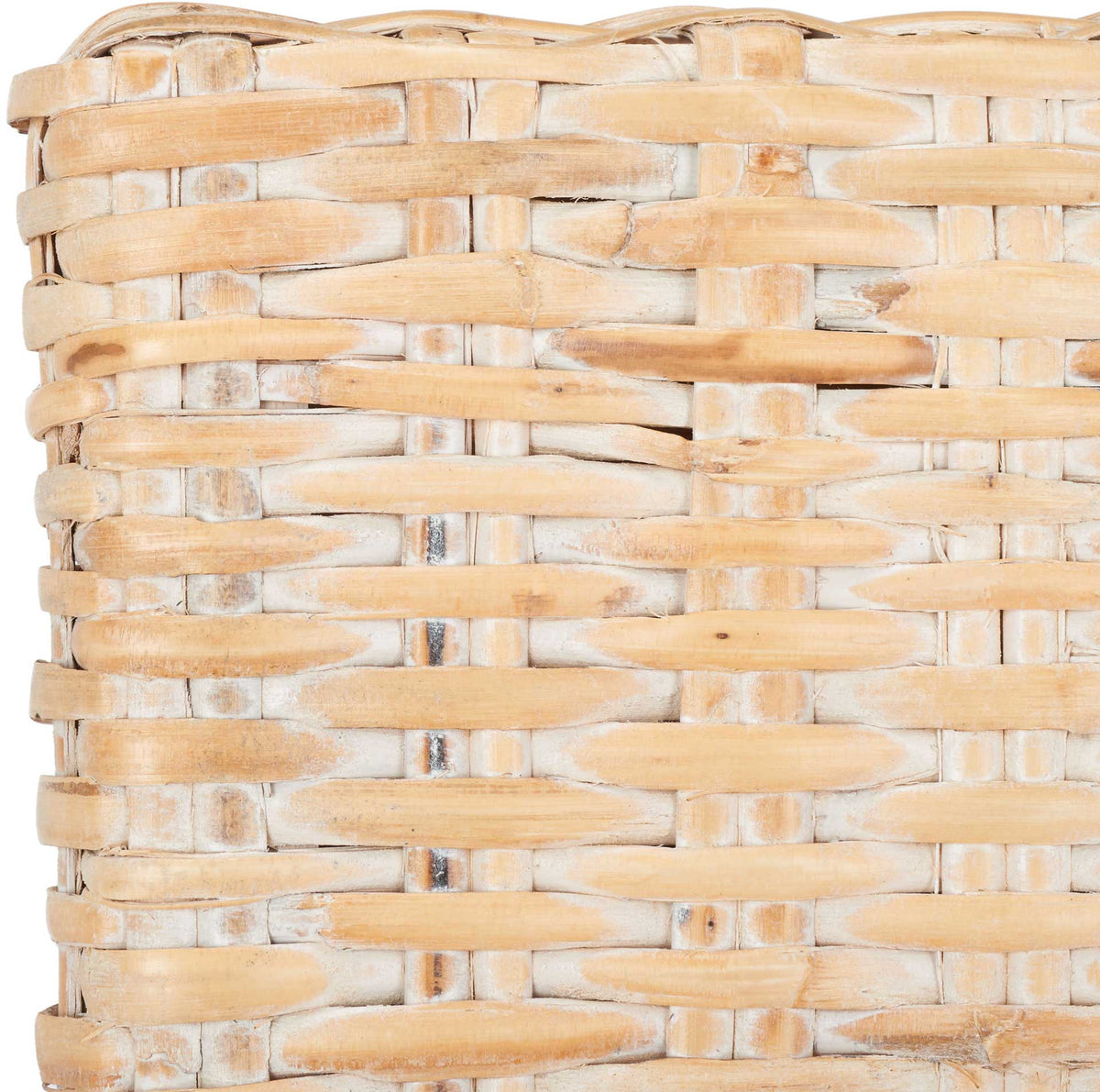 Close-woven pale rattan reveals natural honey tones beneath a soft whitewash