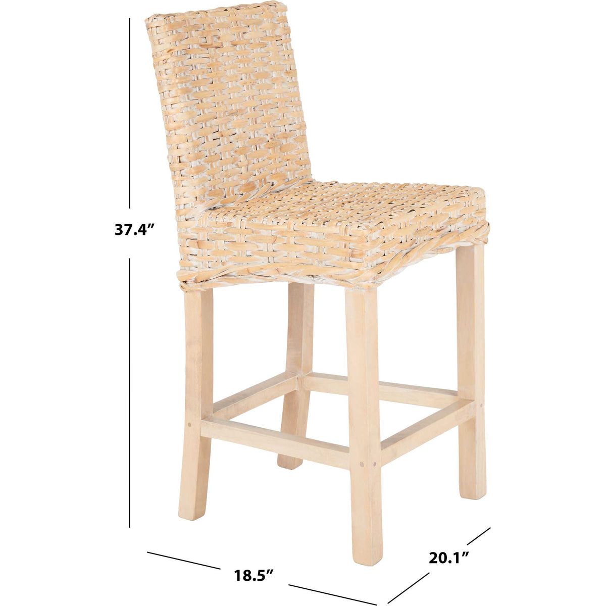 Whitewashed wicker counter stool stands 37.4 inches tall with a sturdy wood footrest