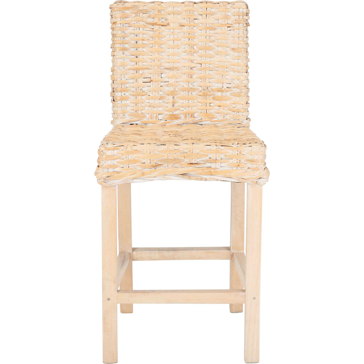 Light whitewashed rattan counter stool offers a woven seat and back above pale wood legs || BST6501D || front_studio