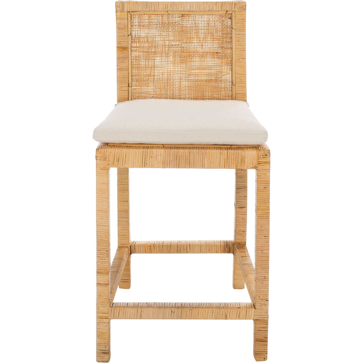Natural cane counter stool pairs a woven backrest with a cushioned white seat || BST6502A || front_studio