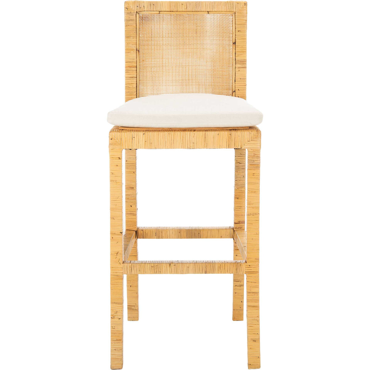 Tall cane bar stool combines a woven back, white seat cushion, and footrest || BST6503A || front_studio