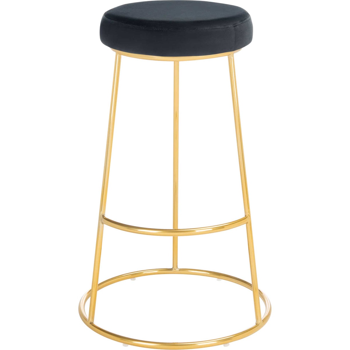 Plush black velvet cushions a round seat above tapered gold legs and a footrest || BST7506E || front_studio