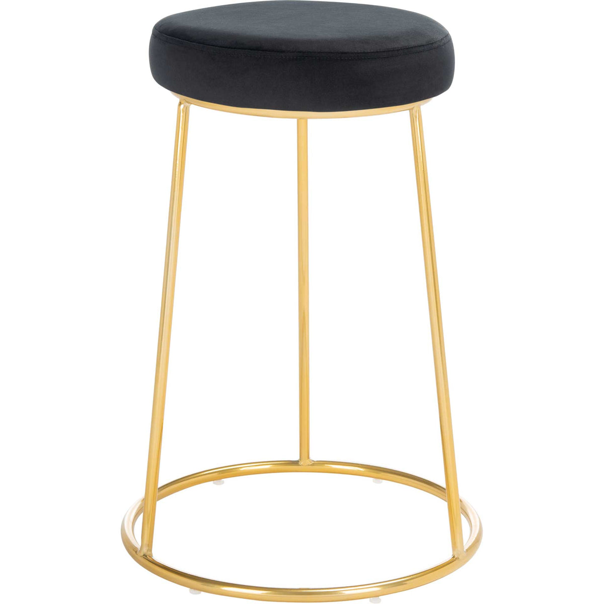 A round black velvet cushion and gently splayed gold legs create an airy counter stool. || BST7507E || front_studio