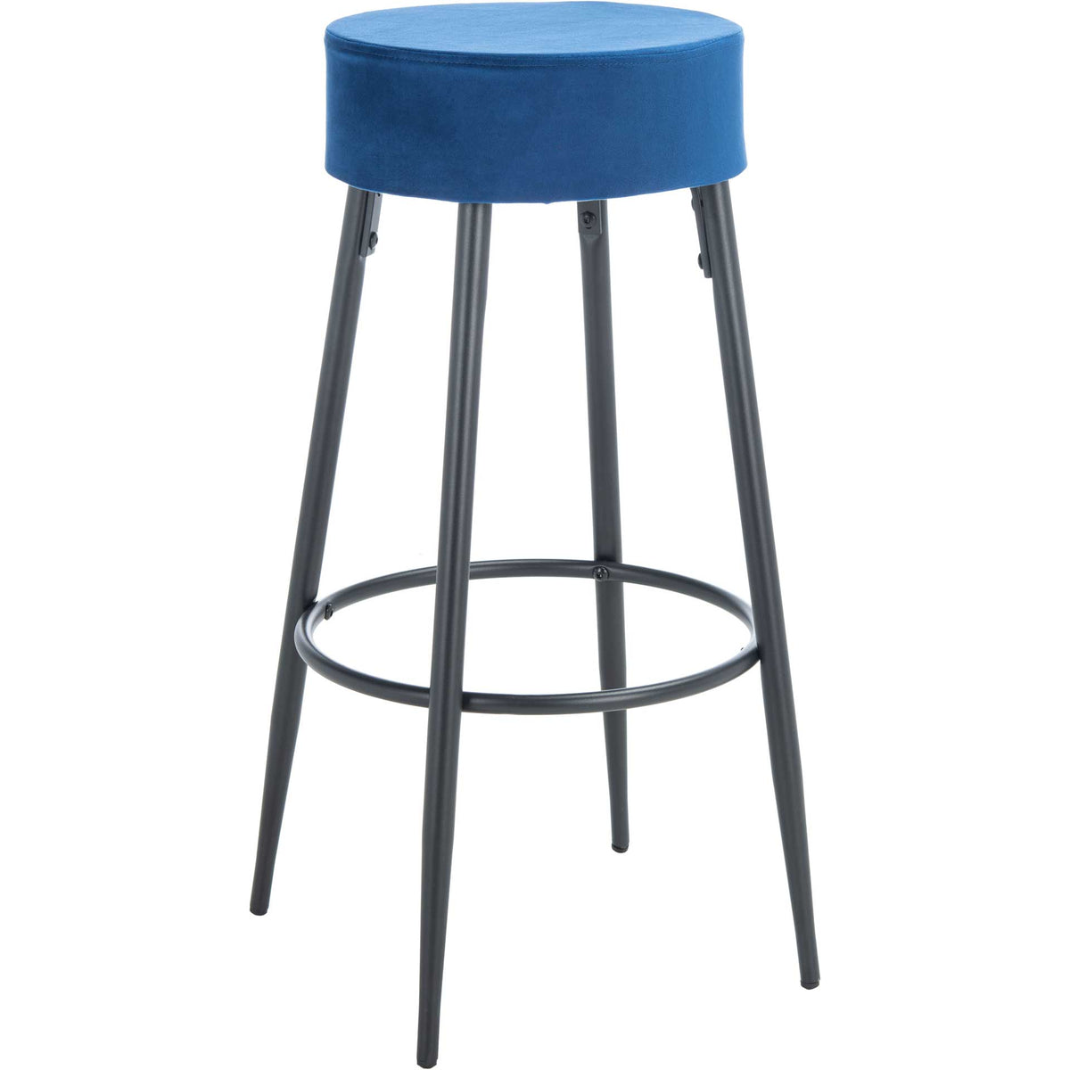 A navy blue velvet seat tops angled black legs and a circular metal footrest || BST7508D || side_studio