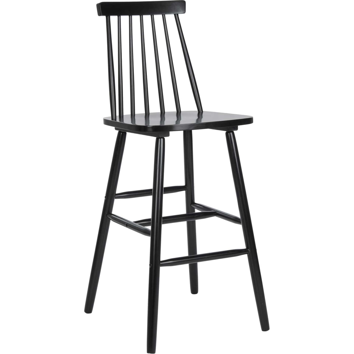 A tall black bar stool combines a curved wood seat, open spindle back, and raised footrest. || BST8500B-SET2 || front_angle_studio