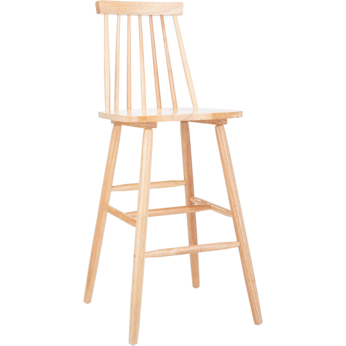 A natural rubberwood bar stool pairs a gentle seat curve with splayed legs and slim spindles. || BST8500C-SET2 || front_angle_studio