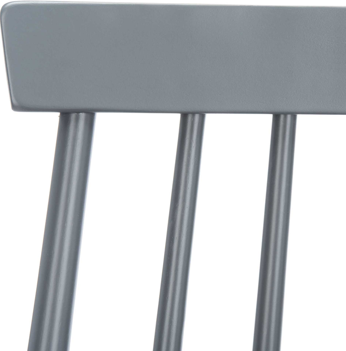 Smooth gray wood joins a broad top rail to slender spindles on this bar stool.