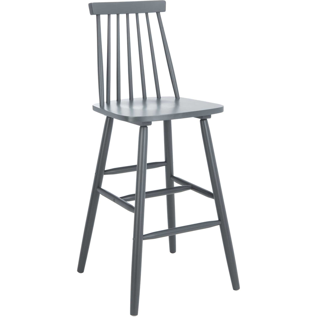 A gray bar stool has an open spindle back, smoothly contoured seat, and tall footrest frame. || BST8500D-SET2 || front_angle_studio
