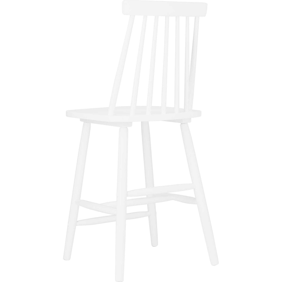 A white counter stool has an airy wood back above outward-angled legs and footrest rails.