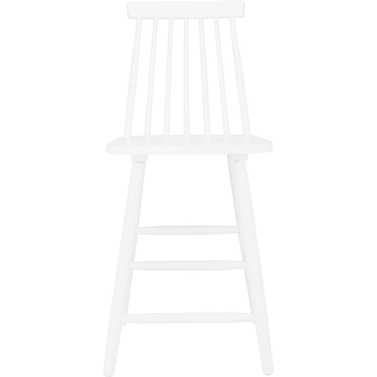 The white counter stool features slim back spindles above a tiered footrest frame. || BST8501A-SET2 || front_studio