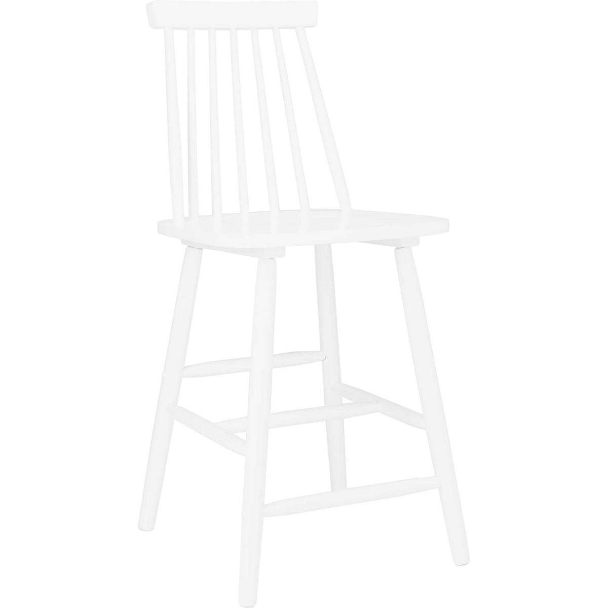 A white rubberwood counter stool pairs a curved seat with a tall spindle back and splayed legs. || BST8501A-SET2 || front_angle_studio