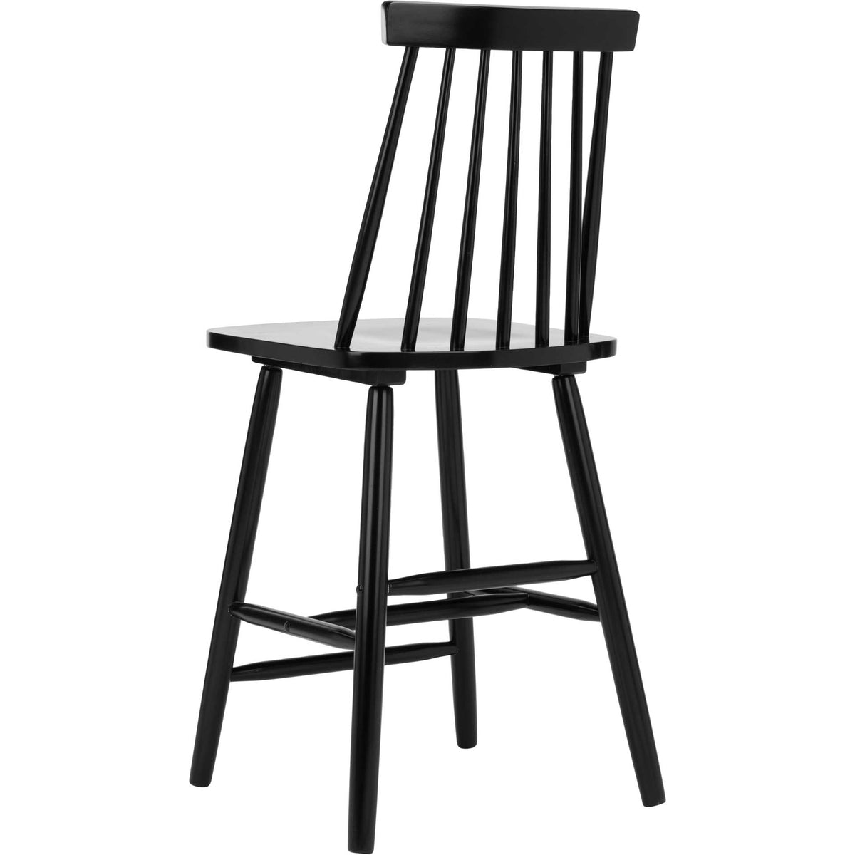 A black counter stool blends a spindle back, tapered legs, and wraparound footrest rails.