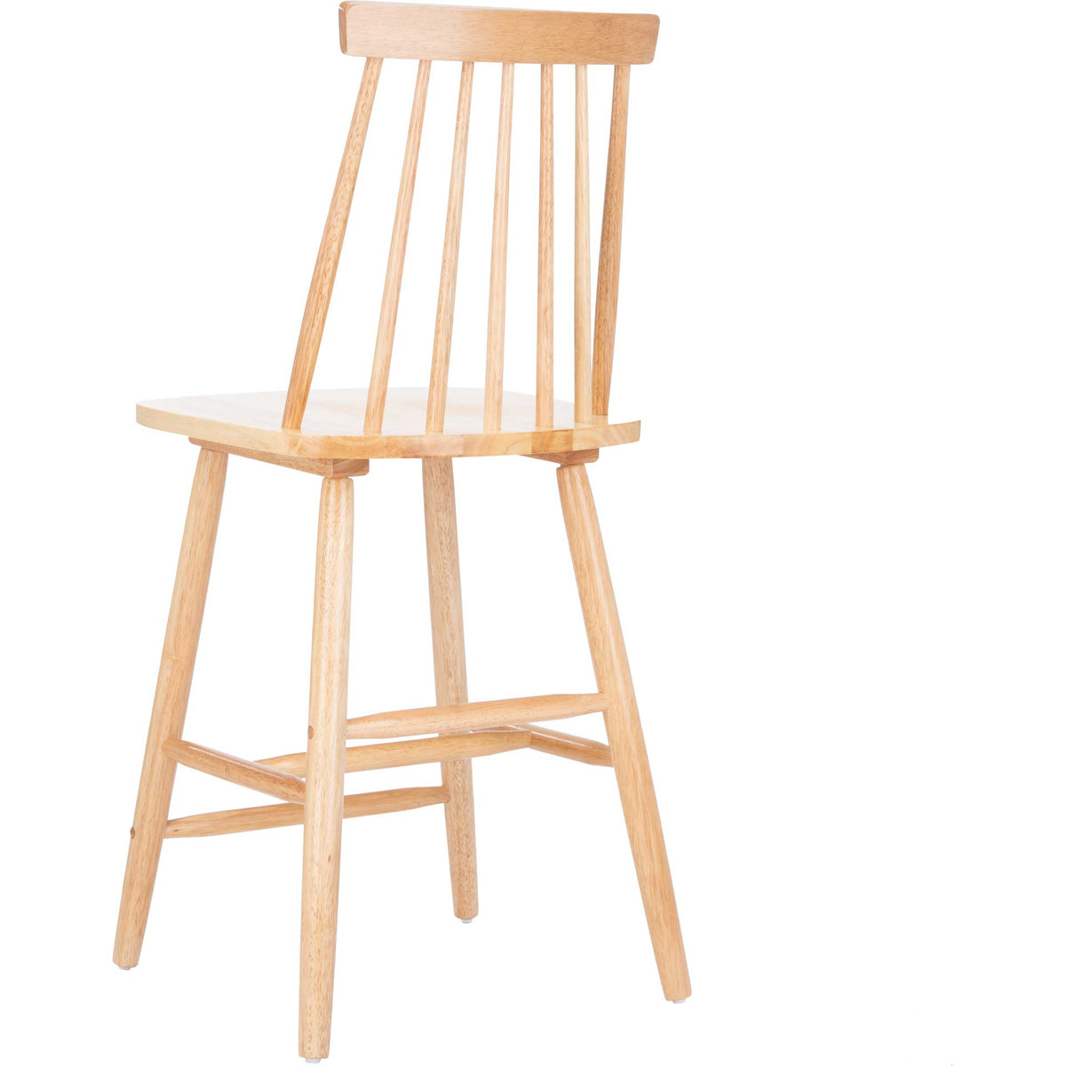 A natural wood counter stool pairs airy spindles with a sturdy frame of angled legs.