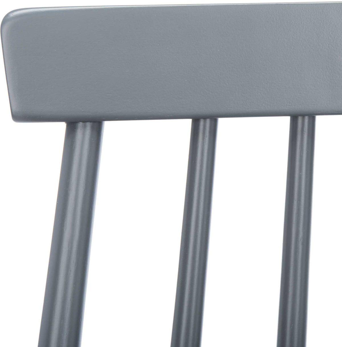 The gray counter stool's smooth top rail frames its slim, evenly spaced back spindles.