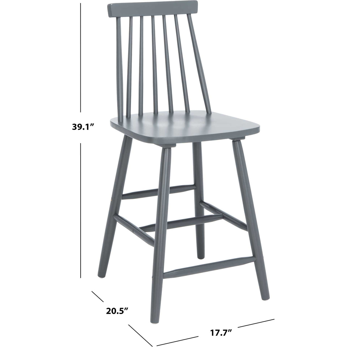 A gray counter stool pairs an open spindle back with a compact 20.5-by-17.7-inch footprint.