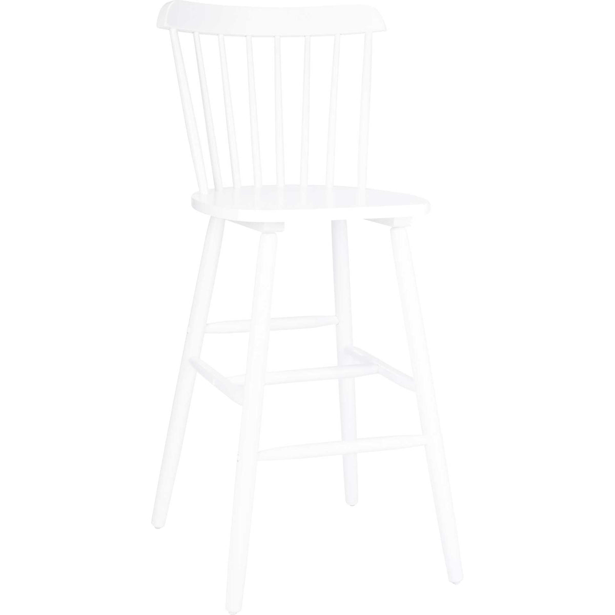 White bar stool features a classic spindle back, smooth seat and tall legs with footrests. || BST8502A-SET2 || front_angle_studio
