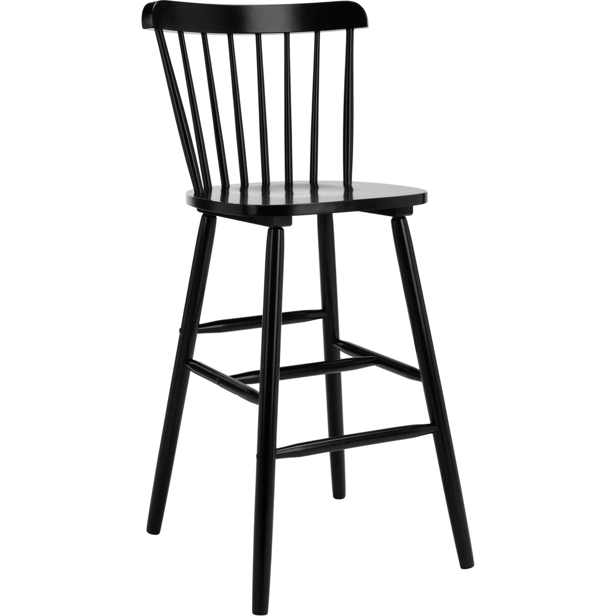 Tall black bar stool with a spindle back, broad seat and sturdy footrests. || BST8502B-SET2 || front_angle_studio