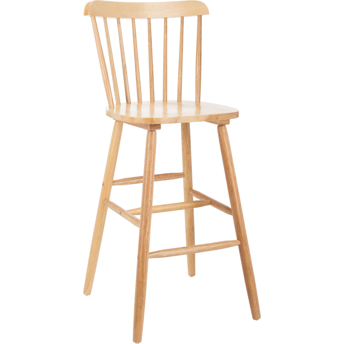 Tall natural wood bar stool pairs a curved back rail with tapered legs and a front footrest. || BST8502C-SET2 || front_angle_studio