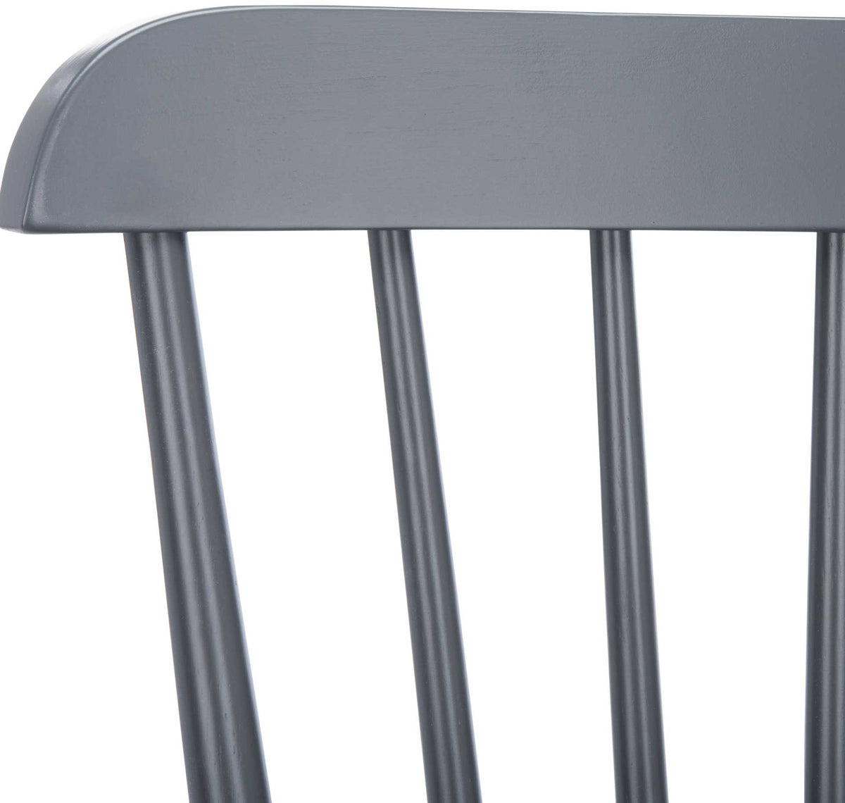 Smooth gray curved backrest connects to slender vertical spindles.