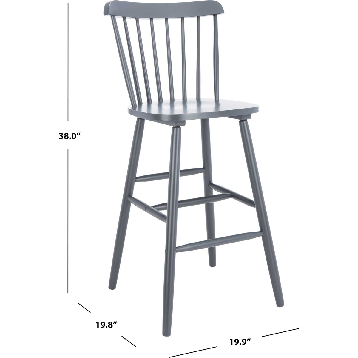 Gray spindle-back stool with measurements marking its overall height, width and depth.