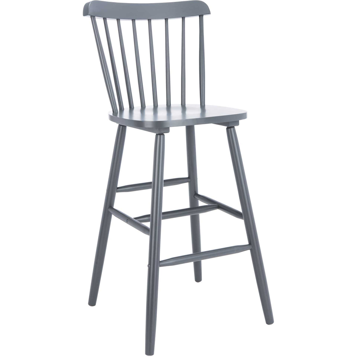 Gray bar stool balances a curved spindle back and broad seat on tall, splayed legs. || BST8502D-SET2 || front_angle_studio