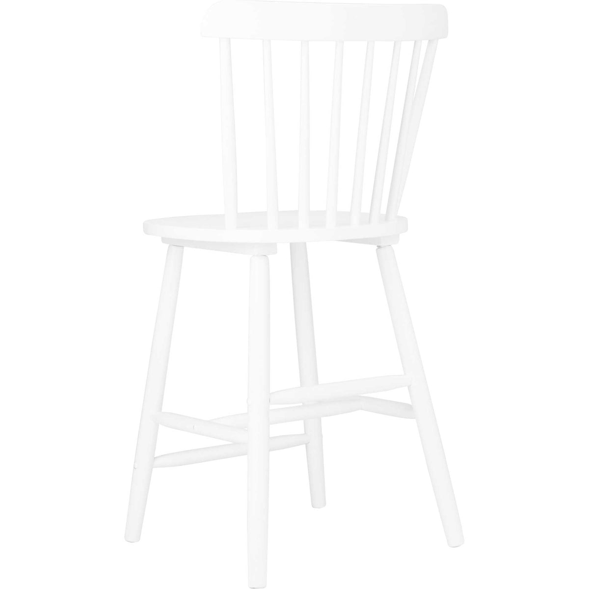 White wood counter stool pairs a flared spindle back with angled legs and side rails.
